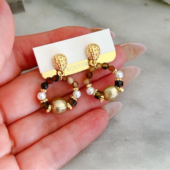 18k yellow gold plated Agate tiger eye Pearl 1” dangle earrings gemstone - Picture 2 of 3